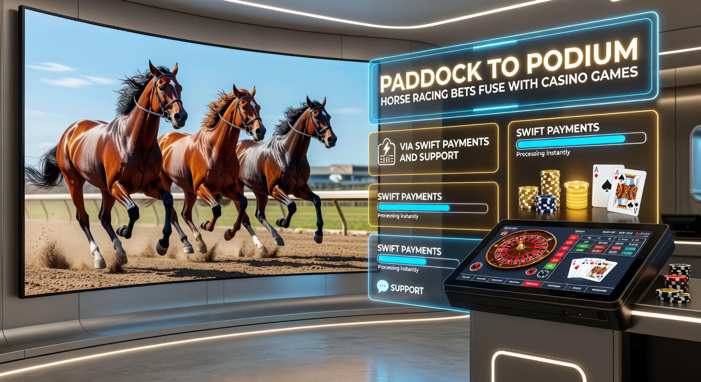 Pferderennenläufer auf der Bahn mit digitalen Casino-Elementen im Hintergrund, die die Verschmelzung von Wetten und Spielen symbolisieren