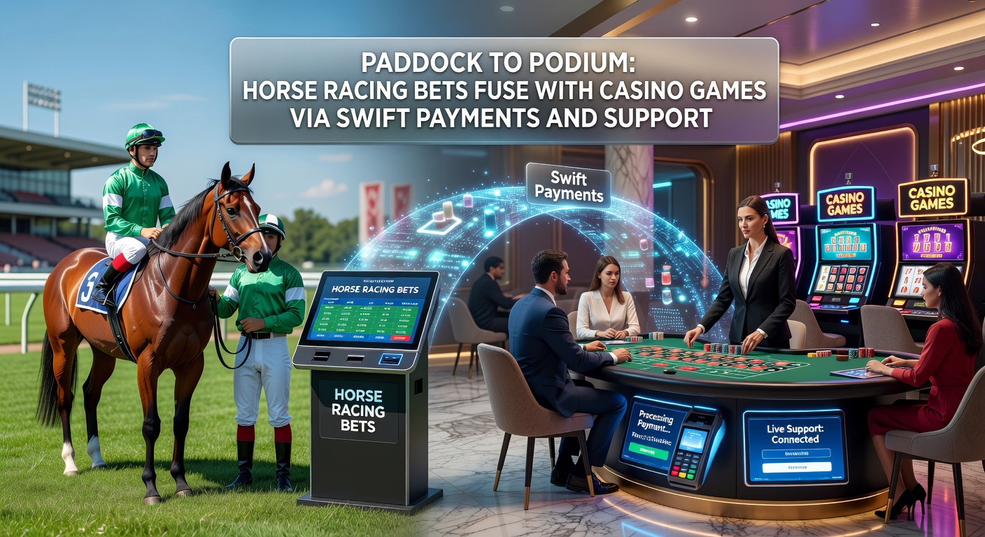 Digitale Schnittstelle einer Wettplattform, die Pferderennen-Quoten mit Casino-Slots kombiniert, inklusive Zahlungsikonen für schnelle Transfers