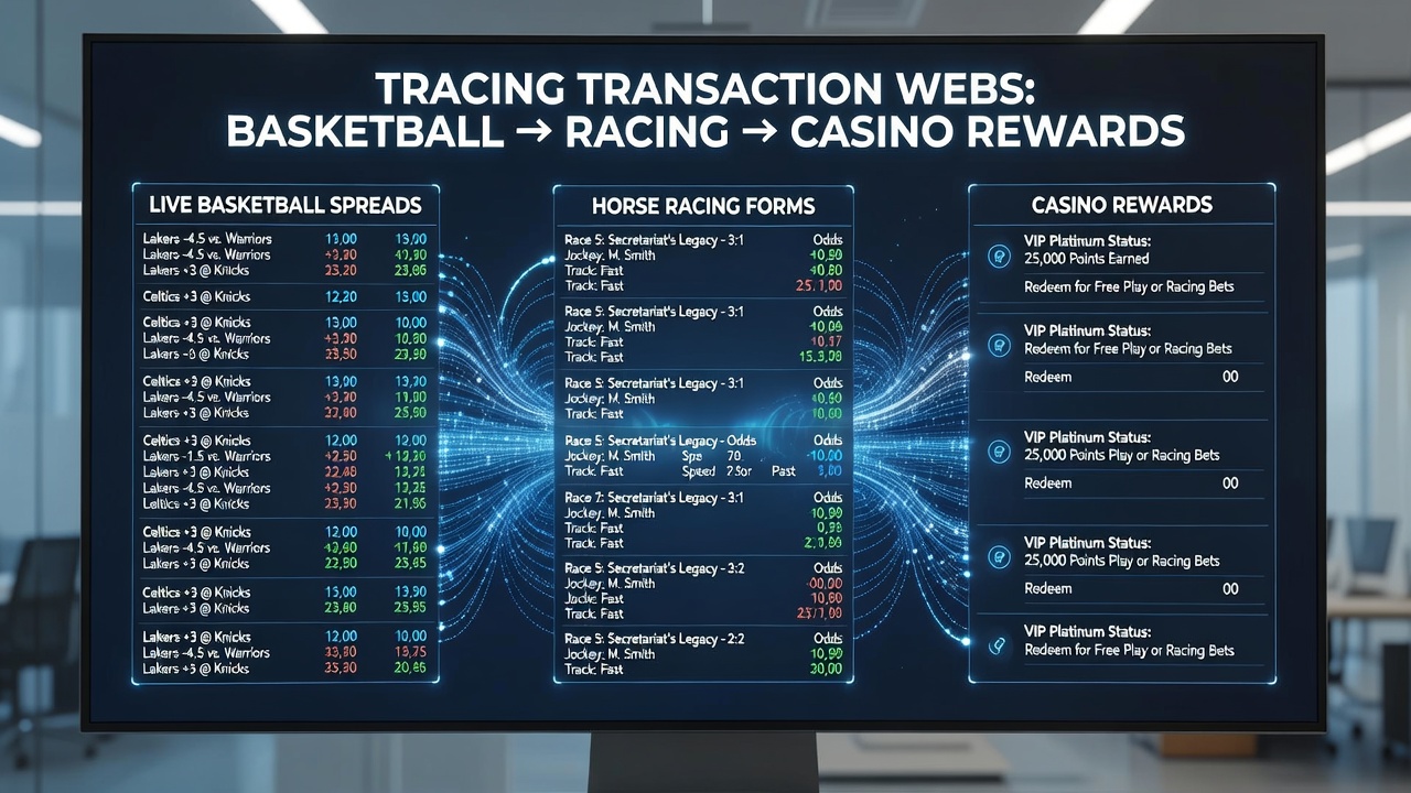App-Schnittstelle mit verknüpften Basketball-, Renn- und Casino-Elementen sowie Support-Optionen